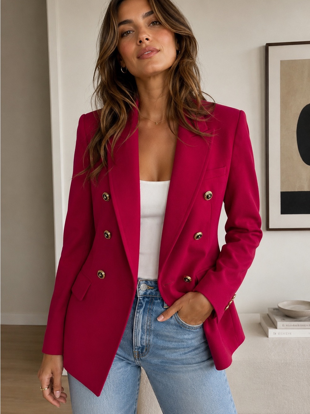 Zara Vibrant Raspberry Double-Breasted Blazer with Gold Buttons